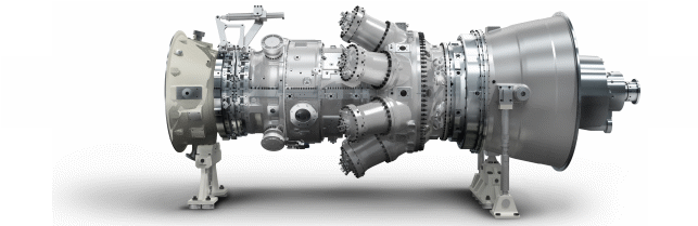 A gas turbine with combustion chambers (combustion turbine) and its accessories on a base frame-mounted design.